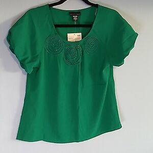 Apostrophe swirl neck green bell sleeve blouse